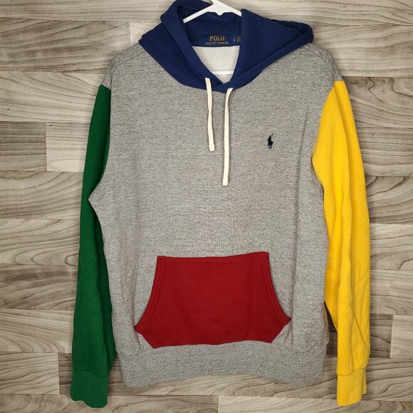 Polo Ralph Lauren Mens L Fleece Hoodie Heather Gray Multi Pullover Colorblock - Picture 1 of 9